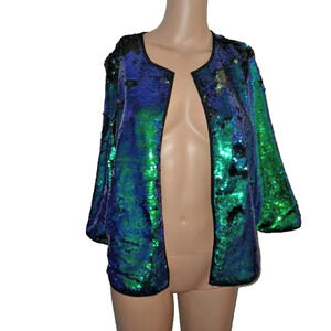 Stella Green Blue Sequin Open Front Jacket Size L W011